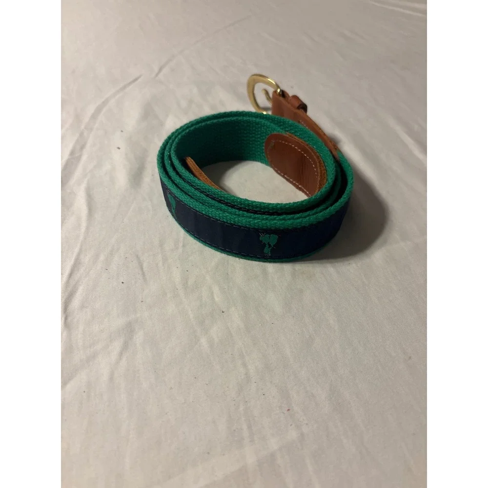 Preston Canvas Leather Belt‎ Mens 40 Green Navy Embroidered Golf Motif Good